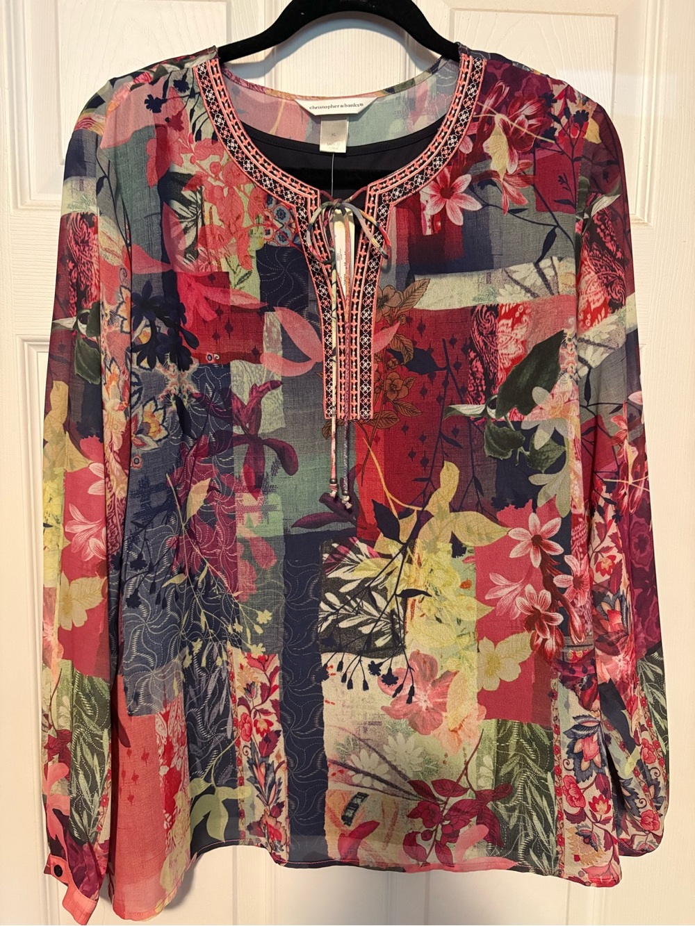 Christopher & Banks Multicolor Floral Patchwork Tie-Neck Tunic